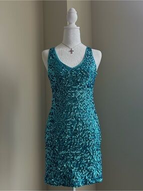 2000's Mermaid Blue Sequin V-Neck Bodycon Mini Dress